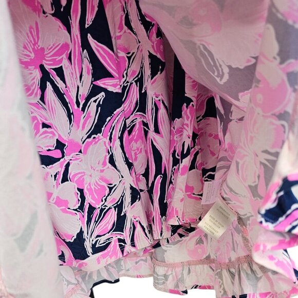 Lilly Pulitzer Jessalynne Romper, Wrap, V-Neck, Floral Flamingo, Stretch, Size M - Picture 5 of 9